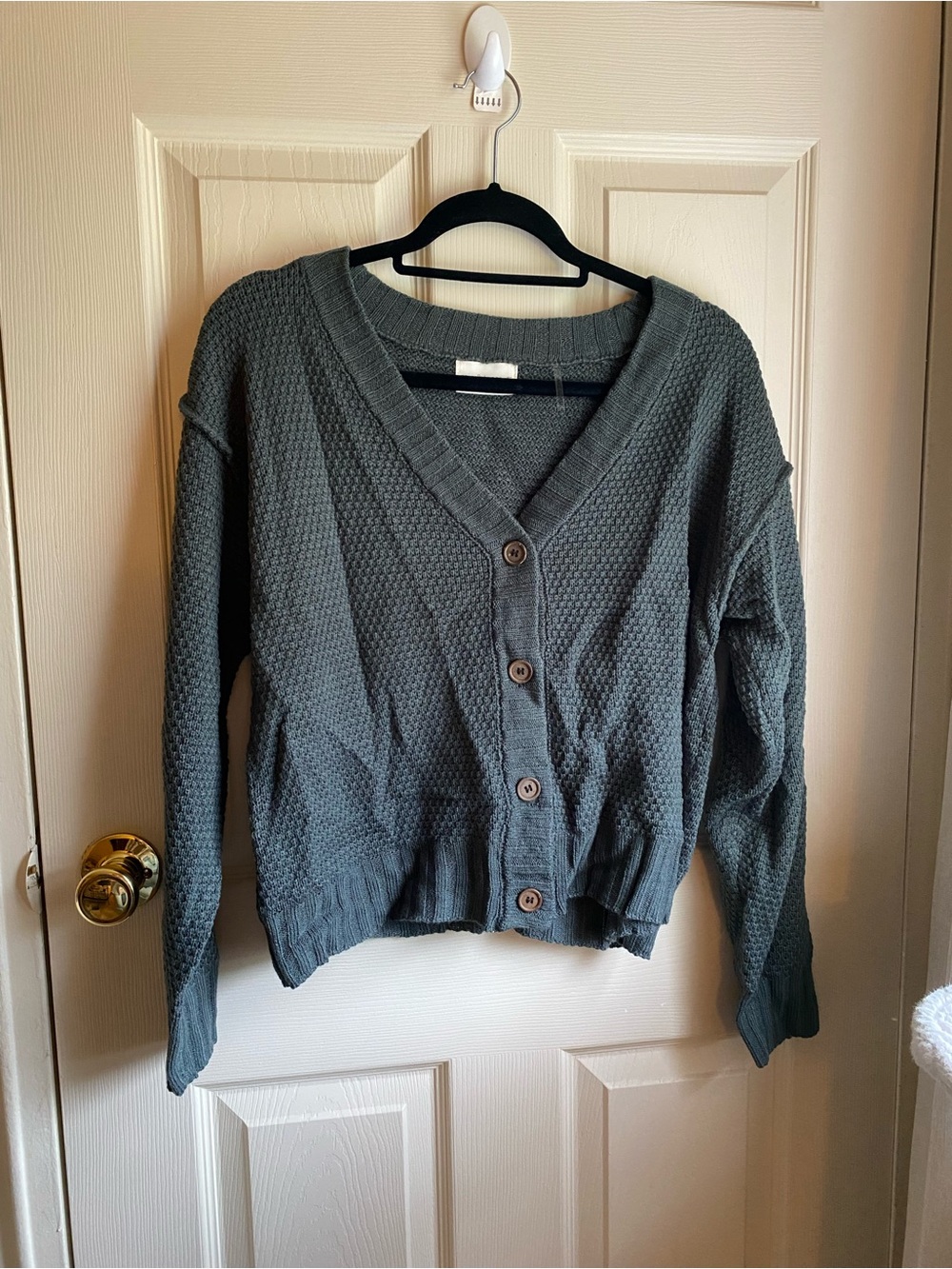 Mia & Tess Textured V-Neck Button Cardigan - Slate Gray